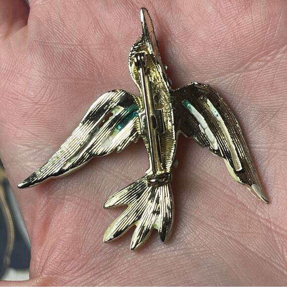 Vintage Sparkling AB Crystal Green and Gold Enamel Bird Brooch D3 - Picture 2 of 7